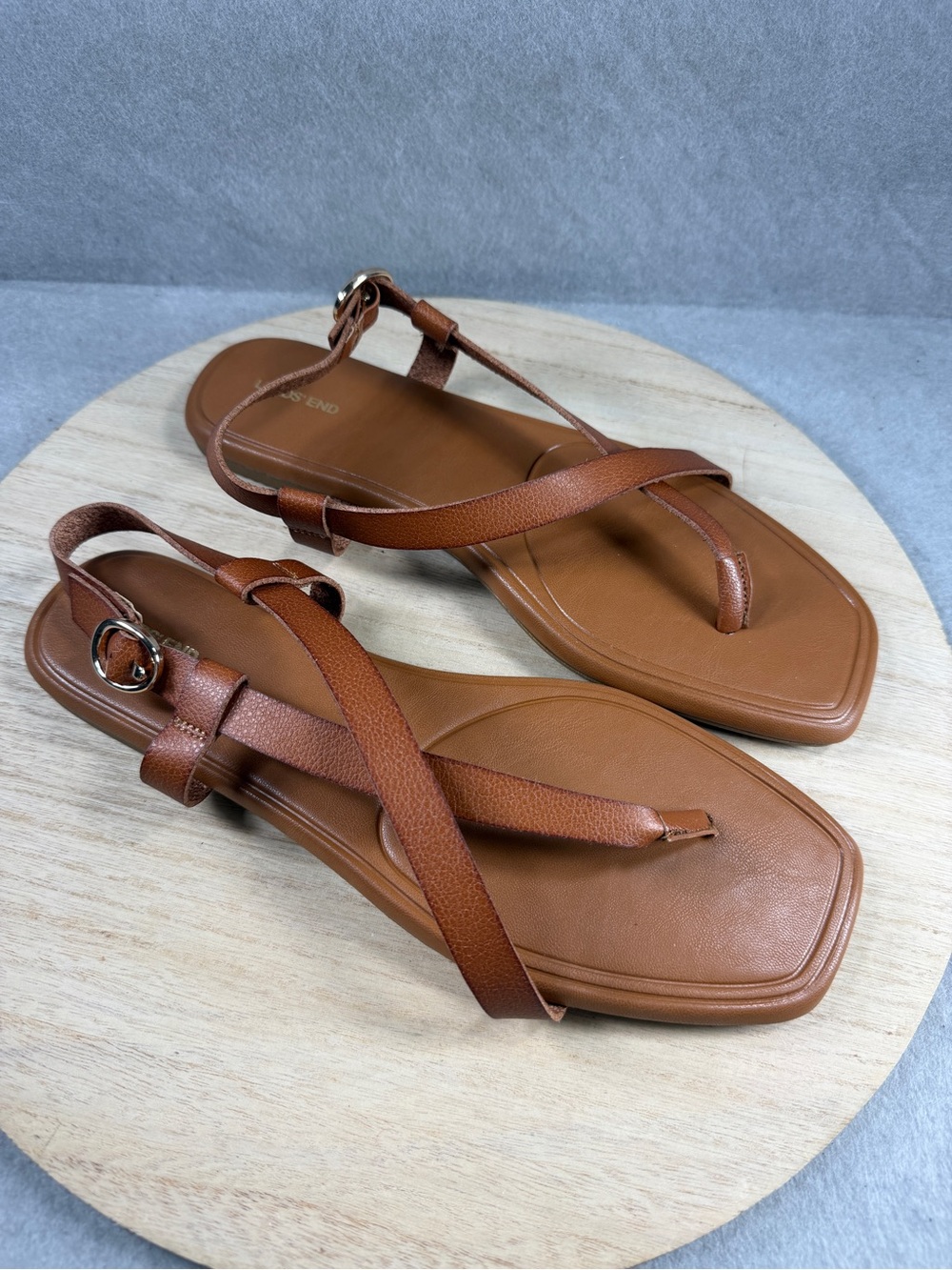 Lands' End Cognac Brown Leather T-Strap Sandals